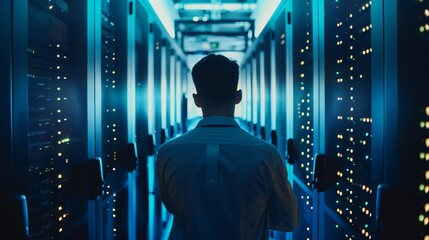 A man in a server room near the equipment. System Administrator. Programmer. IT. Network monitoring and maintenance. Local network service. Data protection