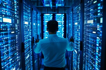 A man in a server room near the equipment. System Administrator. Programmer. IT. Network monitoring and maintenance. Local network service. Data protection