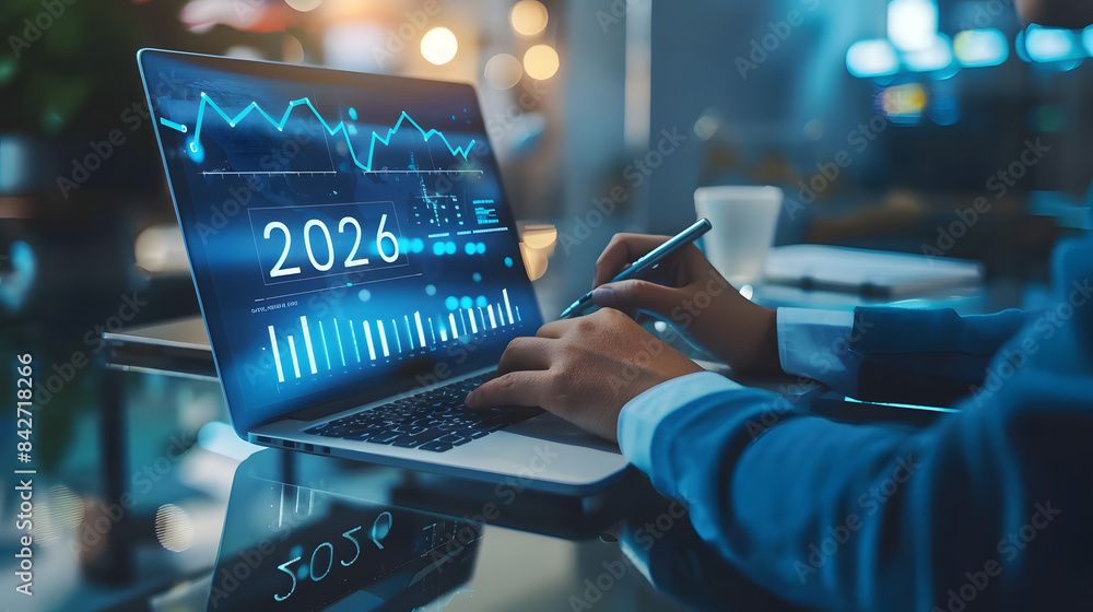 Poster businessman using a laptop and drawing a growth graph with a hologram of the numbers 2026 on a virtu