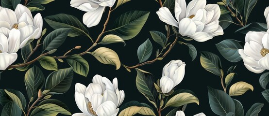 Seamless tilable white magnolia flowers on a black background