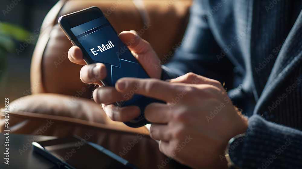 Poster businessman using a smartphone to check and brush through email messages with an icon displaying the