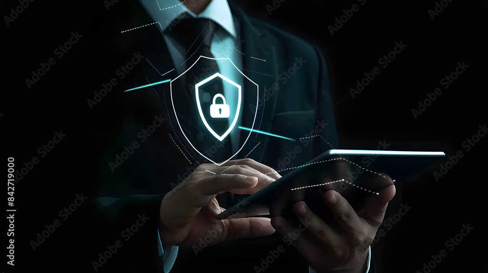 Poster businessman using a tablet with a security shield icon for business protection from cyber attacks on