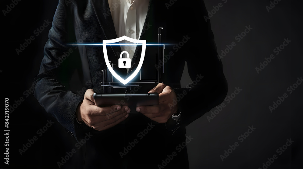 Poster businessman using a tablet with a security shield icon for business protection from cyber attacks on