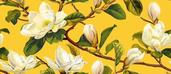 Seamless tilable white magnolia flowers on a yellow background