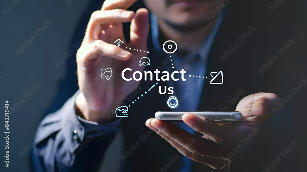 Poster businessman using mobile phone with contact us icons for customer support and service on line concep