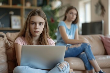 Teenage girl sitting with laptop computer at home and ignoring her frustrated mother. Online video games addiction, learning difficulties, social networks, cyber security, entertainment for teens