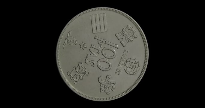 Reverse of Spain coin 100 pesetas 1980, isolated in black background. Seamless animation in 4k resolution video.