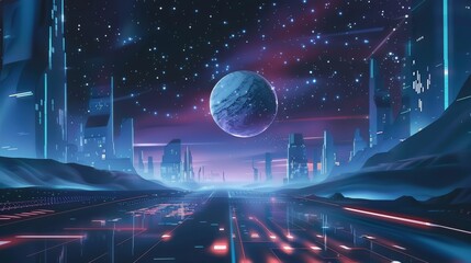 llustration of high-tech industrial world with computers, code in the air, and an infiniti symbol in the center, digital painting simple design flat shapes ::1 