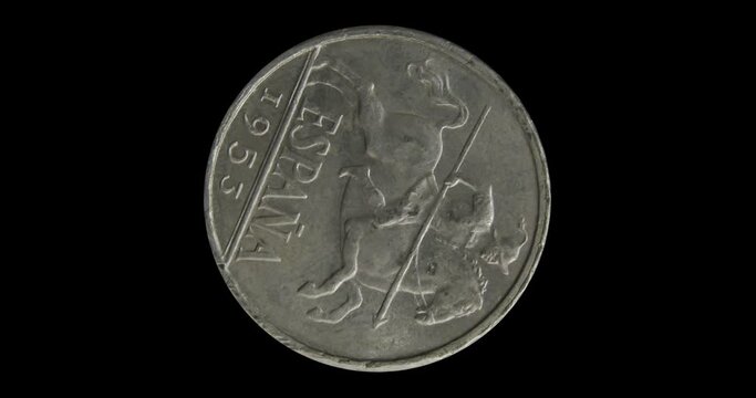 Obverse of old Spain coin 10 centimos 1953, isolated in black background. Seamless animation in 4k resolution video.