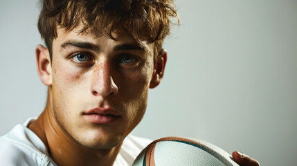 A rugby player poses with a ball