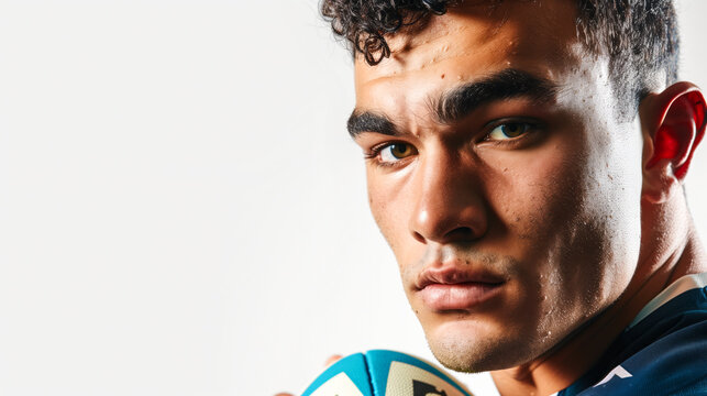 A rugby player poses with a ball - Powered by Adobe