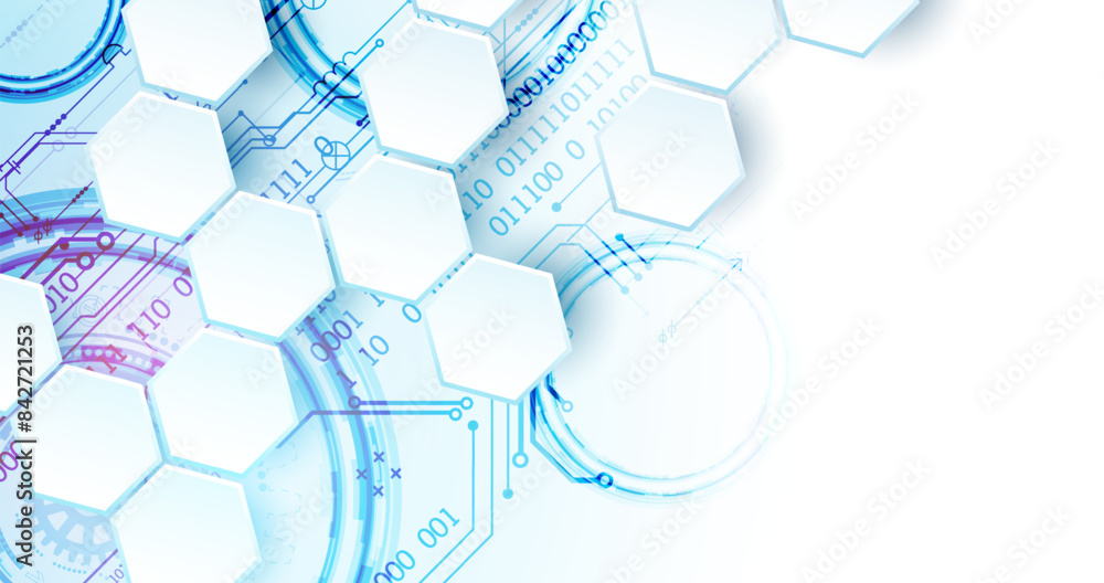 Poster abstract circuit board and hexagons on gradient color background. hi-tech digital technology concept