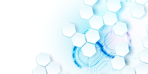 Abstract circuit board and hexagons on gradient color background. Hi-tech digital technology concept. Vector