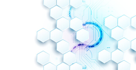 Abstract circuit board and hexagons on gradient color background. Hi-tech digital technology concept. Vector