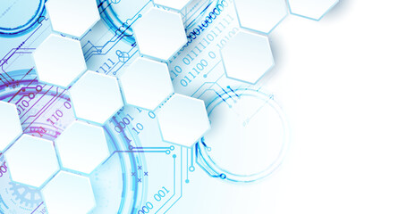 Abstract circuit board and hexagons on gradient color background. Hi-tech digital technology concept. Vector