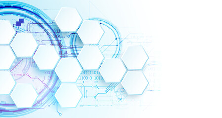 Abstract circuit board and hexagons on gradient color background. Hi-tech digital technology concept. Vector