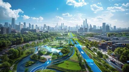 Naklejka premium An urban cityscape with blue and green arrows indicating the movement of clean air through parks and green rooftops, highlighting eco-friendly city planning.