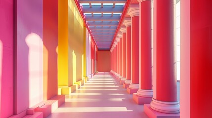 Fototapeta premium inside of a minimalist classy building with greek pillars that are pink and red and yellow, 