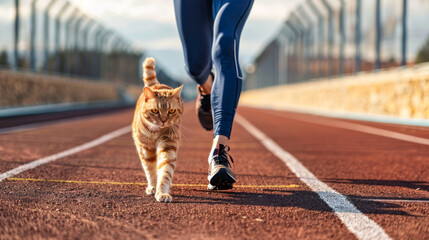 A young woman jogs with her ginger cat on a track and field course