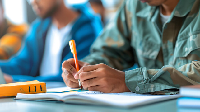 a close-up image of a veteran writing notes during a lecture on finance and personal budgeting, preparing for civilian financial responsibilities, Memorial Day, Independence Day, 4th july