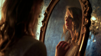 Woman looking into an ornate mirror with a faint, mystical glow, reflections slightly blurred, right third copy space