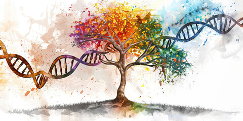 The DNA Tree of Life: Branches and Leaves as Genetic Material - Picture a tree where branches and leaves represent genetic material, symbolizing the branching pathways of life and growth in DNA. 