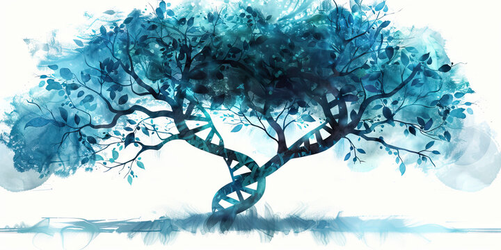 The DNA Tree of Life: Branches and Leaves as Genetic Material - Picture a tree where branches and leaves represent genetic material, symbolizing the branching pathways of life and growth in DNA. 
