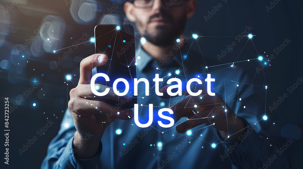 Poster businessman using mobile phone with contact us icons for customer support and service on line concep
