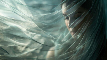 Woman partially hidden by a sheer, flowing veil, with soft, ethereal light behind her, left third copy space
