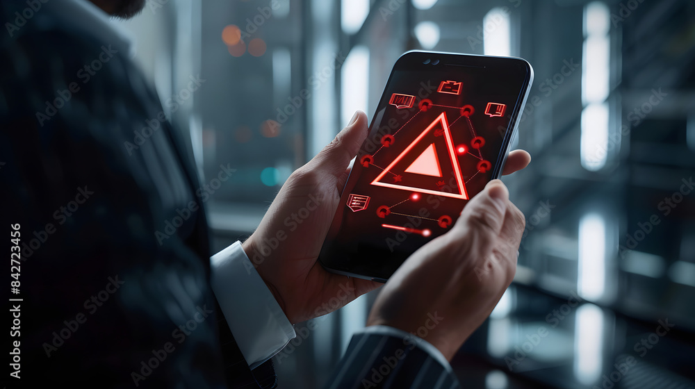 Aufkleber businessman using mobile phone with digital warning sign and icons for network security. data protec