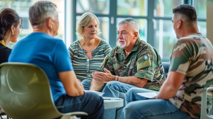 a  of a peer support group for veterans, with members sharing stories and offering mutual support, Psychological Support, support groups, counseling services, veteran