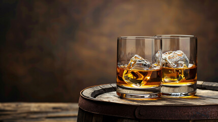 Whiskey with ice cubes in glasses on wooden barrels ag