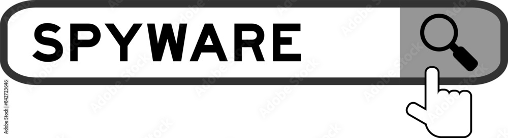 Sticker Search banner in word spyware with hand over magnifier icon on white background