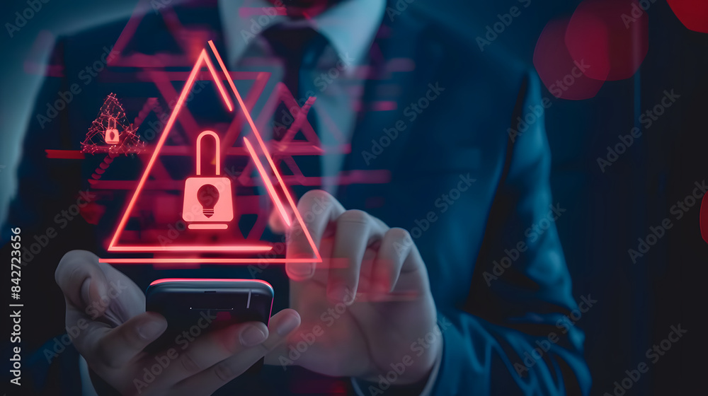 Aufkleber businessman using mobile phone with digital warning sign and icons for network security. data protec