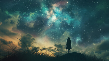 Fototapeta premium Woman performing a celestial ritual under a night sky filled with stars and auroras, right third copy space