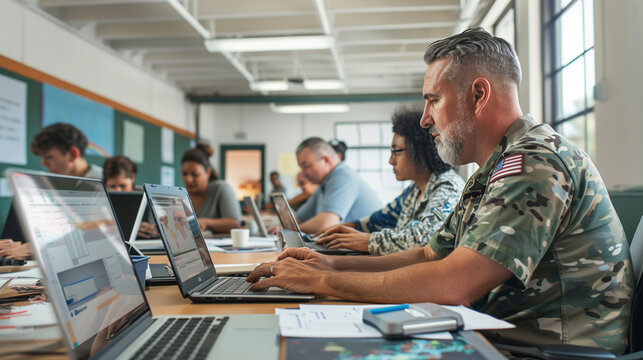 a  of a classroom with veterans attending a computer skills workshop, each working on laptops with a supportive instructor guiding them, Memorial Day, Independence Day, 4th july