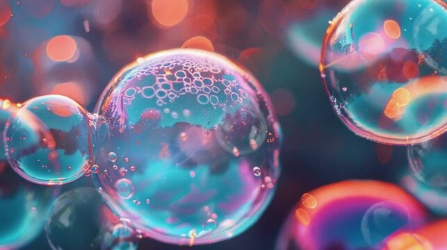 A photograph of colorful soap bubbles floating in the air on a black background, captured with an iPhone camera and a macro lens, highlighting their vibrant colors against the dark backdrop.