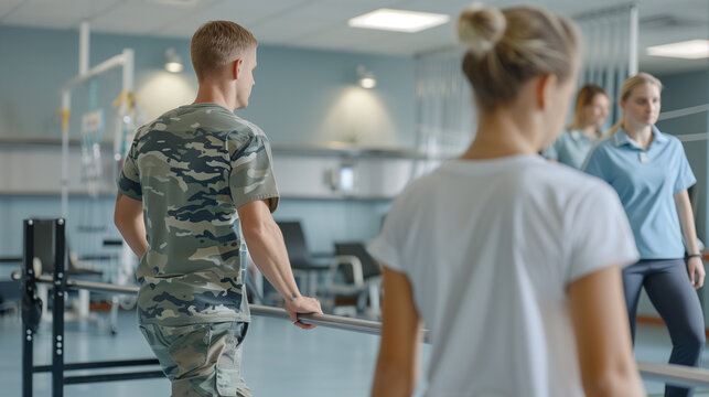 a  of a veteran walking with the assistance of parallel bars in a rehabilitation center, with a therapist monitoring progress, Rehabilitation, Memorial Day, Independence Day, 4th july