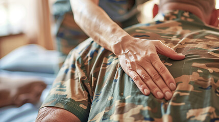 a detailed image of a veteran undergoing massage therapy, with a therapist working on muscle tension and improving circulation, Rehabilitation, Memorial Day, Independence Day, 4th july
