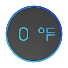 Blue number zero in a gray circle on a white background isolate. Degrees Fahrenheit. Air temperature. Rendering illustration.