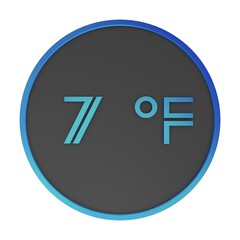 Blue number seven in a gray circle on a white background isolate. Degrees Fahrenheit. Air temperature. Rendering illustration.