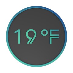 Green number nineteen in a gray circle on a white background isolate. Degrees Fahrenheit. Air temperature. Rendering illustration.