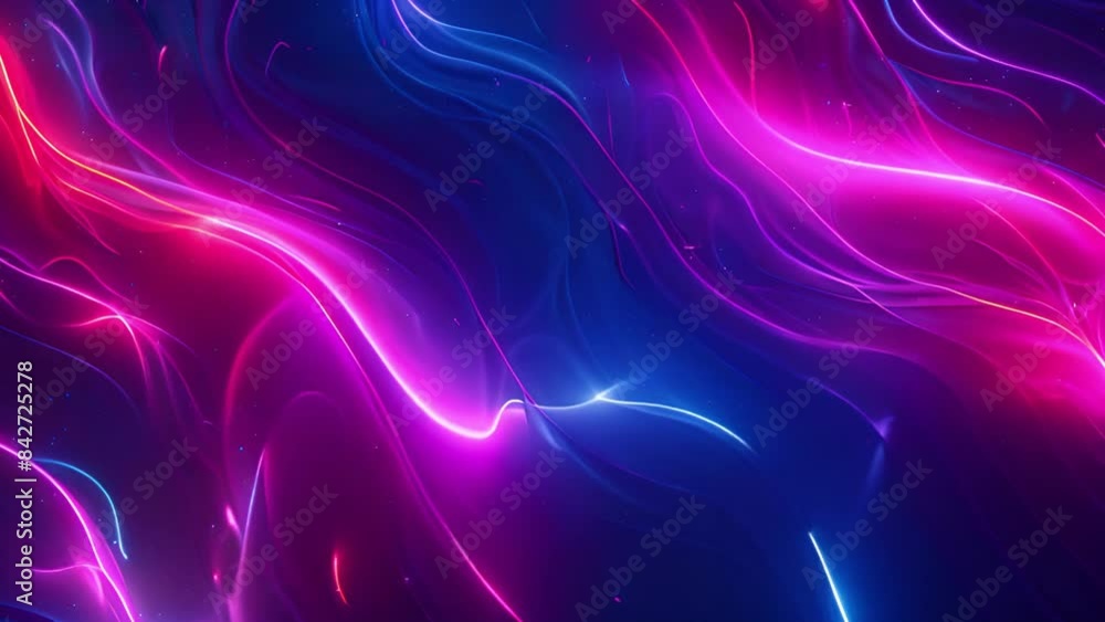 Poster an abstract image of glowing, neon blue and pink lines on a dark background. the lines flow and twis