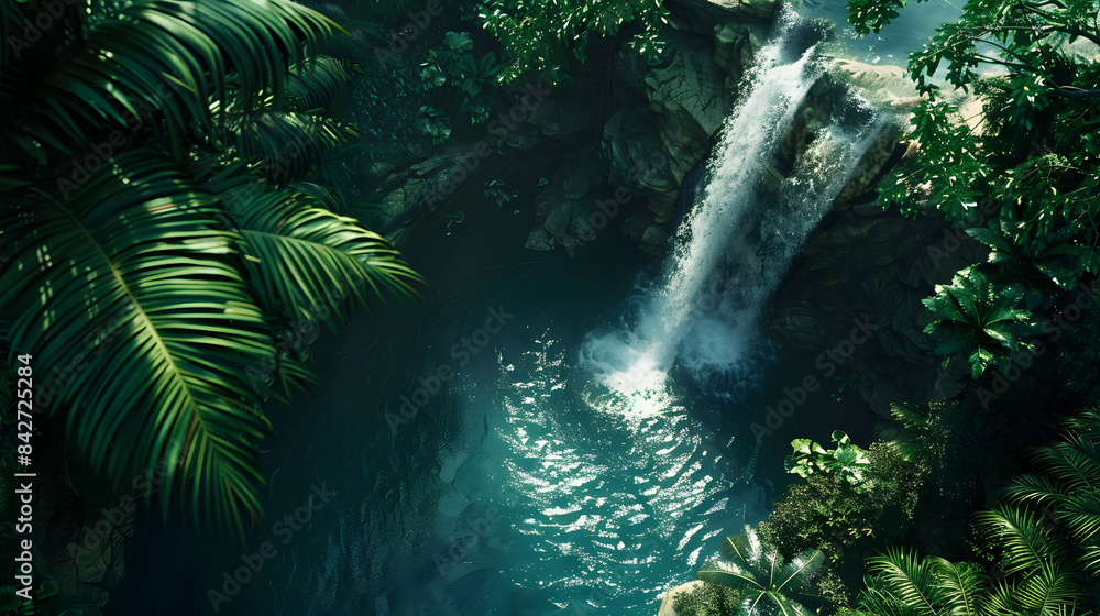 Poster captivating waterfall with lush ferns and emerald pool. top-down view banner. copy space concept.