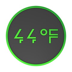 Green number forty-four in a gray circle on a white background isolate. Degrees Fahrenheit. Air temperature. Rendering illustration.