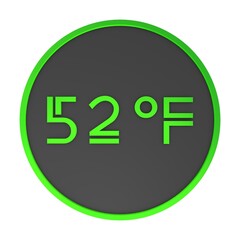 Green number fifty-two in a gray circle on a white background isolate. Degrees Fahrenheit. Air temperature. Rendering illustration.