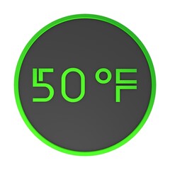 Green number fifty in a gray circle on a white background isolate. Degrees Fahrenheit. Air temperature. Rendering illustration.