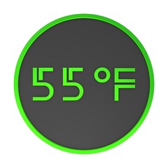 Green number fifty-five in a gray circle on a white background isolate. Degrees Fahrenheit. Air temperature. Rendering illustration.