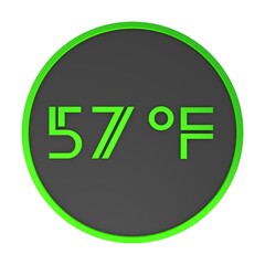 Green number fifty-seven in a gray circle on a white background isolate. Degrees Fahrenheit. Air temperature. Rendering illustration.