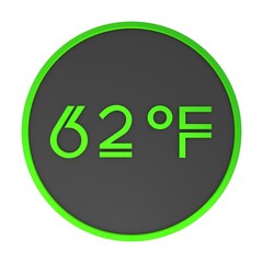 Yellow number sixty-two in a gray circle on a white background isolate. Degrees Fahrenheit. Air temperature. Rendering illustration.